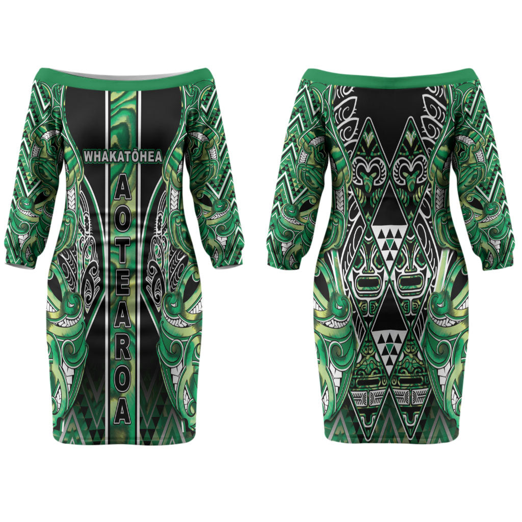 Aotearoa Whakatohea Couples Matching Off The Shoulder Long Sleeve Dress and Hawaiian Shirt Maori Tribal Green Abalone Paua Shell Pattern