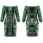 Aotearoa Whakatohea Couples Matching Off The Shoulder Long Sleeve Dress and Hawaiian Shirt Maori Tribal Green Abalone Paua Shell Pattern