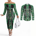 Aotearoa Whakatohea Couples Matching Off The Shoulder Long Sleeve Dress and Long Sleeve Button Shirt Maori Tribal Green Abalone Paua Shell Pattern