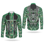 Aotearoa Whakatohea Couples Matching Off The Shoulder Long Sleeve Dress and Long Sleeve Button Shirt Maori Tribal Green Abalone Paua Shell Pattern