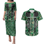 Aotearoa Whakatohea Couples Matching Puletasi and Hawaiian Shirt Maori Tribal Green Abalone Paua Shell Pattern