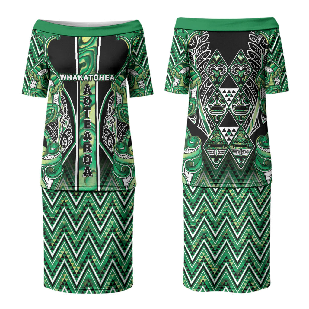 Aotearoa Whakatohea Couples Matching Puletasi and Hawaiian Shirt Maori Tribal Green Abalone Paua Shell Pattern