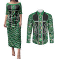 Aotearoa Whakatohea Couples Matching Puletasi and Long Sleeve Button Shirt Maori Tribal Green Abalone Paua Shell Pattern