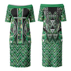 Aotearoa Whakatohea Couples Matching Puletasi and Long Sleeve Button Shirt Maori Tribal Green Abalone Paua Shell Pattern