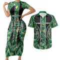 Aotearoa Whakatohea Couples Matching Short Sleeve Bodycon Dress and Hawaiian Shirt Maori Tribal Green Abalone Paua Shell Pattern