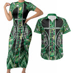 Aotearoa Whakatohea Couples Matching Short Sleeve Bodycon Dress and Hawaiian Shirt Maori Tribal Green Abalone Paua Shell Pattern