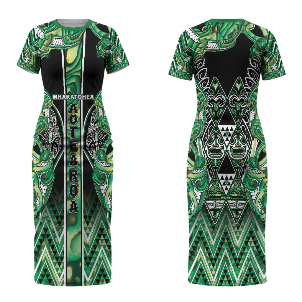 Aotearoa Whakatohea Couples Matching Short Sleeve Bodycon Dress and Hawaiian Shirt Maori Tribal Green Abalone Paua Shell Pattern