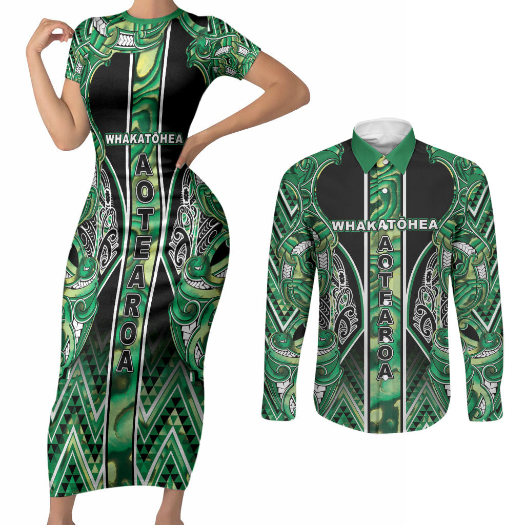 Aotearoa Whakatohea Couples Matching Short Sleeve Bodycon Dress and Long Sleeve Button Shirt Maori Tribal Green Abalone Paua Shell Pattern