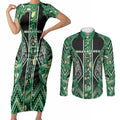 Aotearoa Whakatohea Couples Matching Short Sleeve Bodycon Dress and Long Sleeve Button Shirt Maori Tribal Green Abalone Paua Shell Pattern
