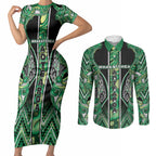 Aotearoa Whakatohea Couples Matching Short Sleeve Bodycon Dress and Long Sleeve Button Shirt Maori Tribal Green Abalone Paua Shell Pattern