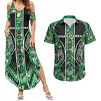 Aotearoa Whakatohea Couples Matching Summer Maxi Dress and Hawaiian Shirt Maori Tribal Green Abalone Paua Shell Pattern