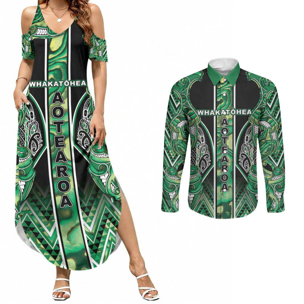 Aotearoa Whakatohea Couples Matching Summer Maxi Dress and Long Sleeve Button Shirt Maori Tribal Green Abalone Paua Shell Pattern