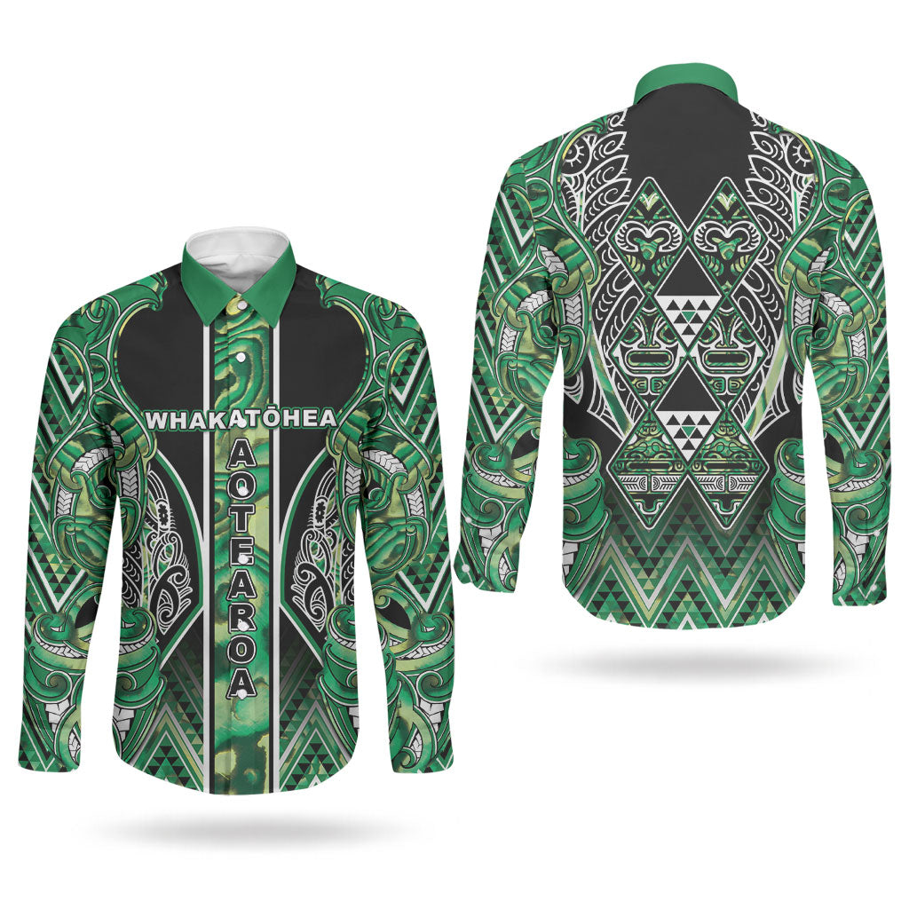 Aotearoa Whakatohea Couples Matching Summer Maxi Dress and Long Sleeve Button Shirt Maori Tribal Green Abalone Paua Shell Pattern