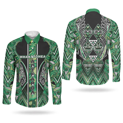 Aotearoa Whakatohea Couples Matching Summer Maxi Dress and Long Sleeve Button Shirt Maori Tribal Green Abalone Paua Shell Pattern