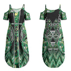 Aotearoa Whakatohea Couples Matching Summer Maxi Dress and Long Sleeve Button Shirt Maori Tribal Green Abalone Paua Shell Pattern