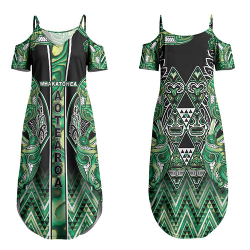 Aotearoa Whakatohea Couples Matching Summer Maxi Dress and Long Sleeve Button Shirt Maori Tribal Green Abalone Paua Shell Pattern