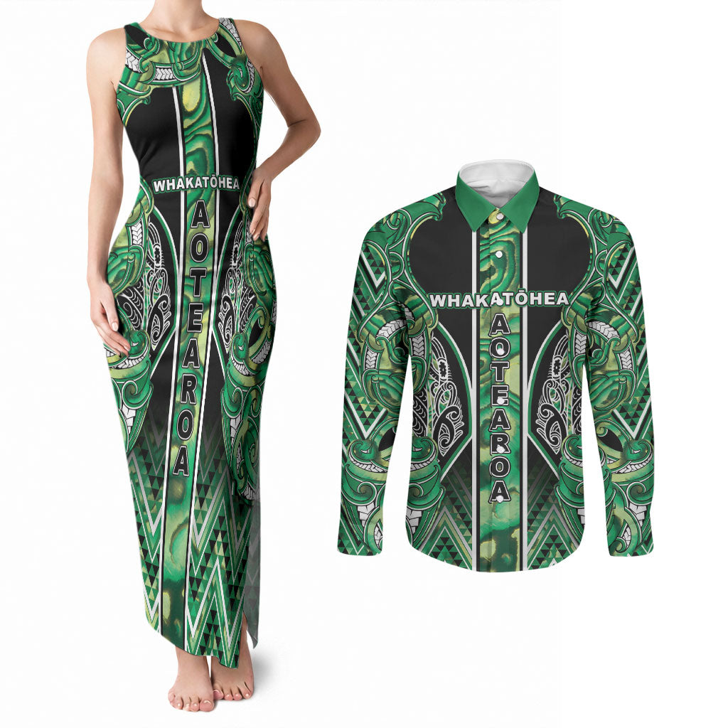 Aotearoa Whakatohea Couples Matching Tank Maxi Dress and Long Sleeve Button Shirt Maori Tribal Green Abalone Paua Shell Pattern