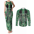 Aotearoa Whakatohea Couples Matching Tank Maxi Dress and Long Sleeve Button Shirt Maori Tribal Green Abalone Paua Shell Pattern
