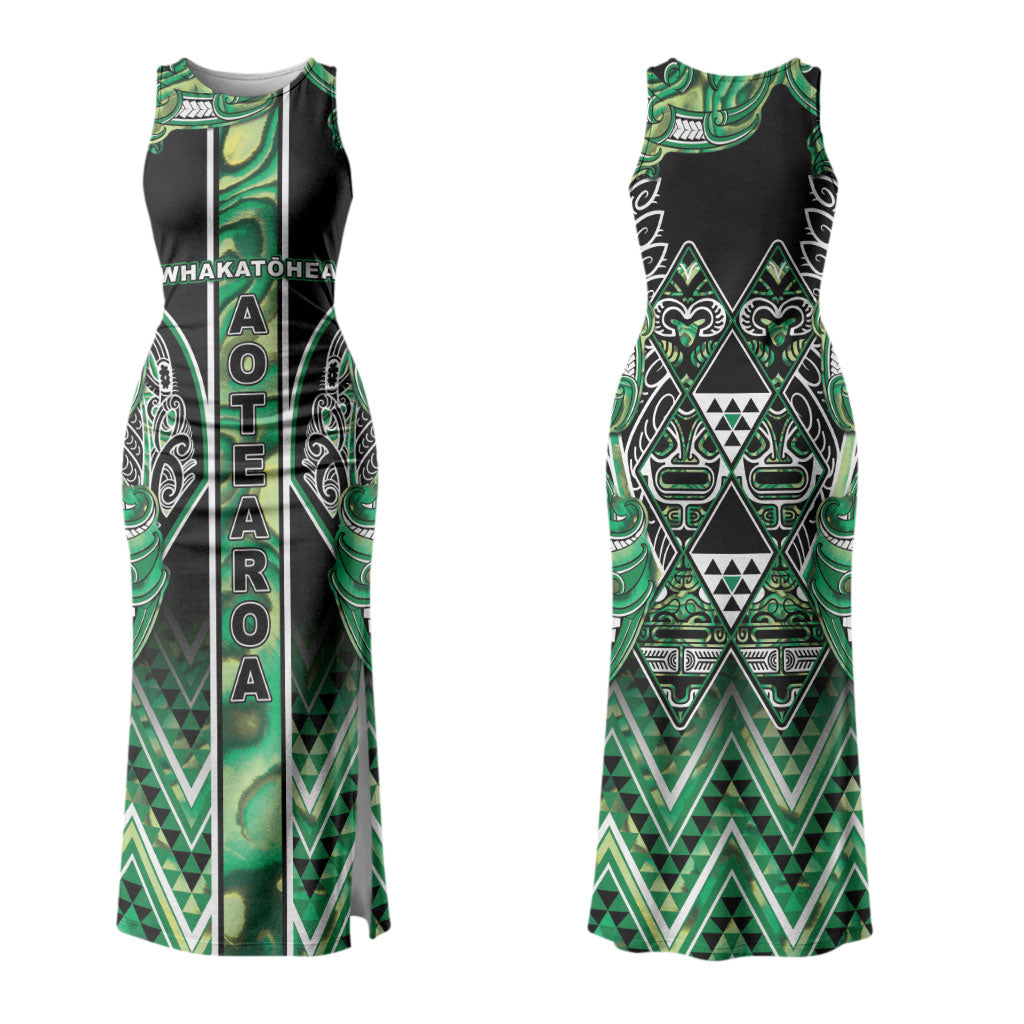 Aotearoa Whakatohea Couples Matching Tank Maxi Dress and Long Sleeve Button Shirt Maori Tribal Green Abalone Paua Shell Pattern