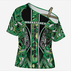 Aotearoa Whakatohea Cross Shoulder Shirt Maori Tribal Green Abalone Paua Shell Pattern