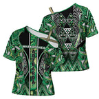 Aotearoa Whakatohea Cross Shoulder Shirt Maori Tribal Green Abalone Paua Shell Pattern