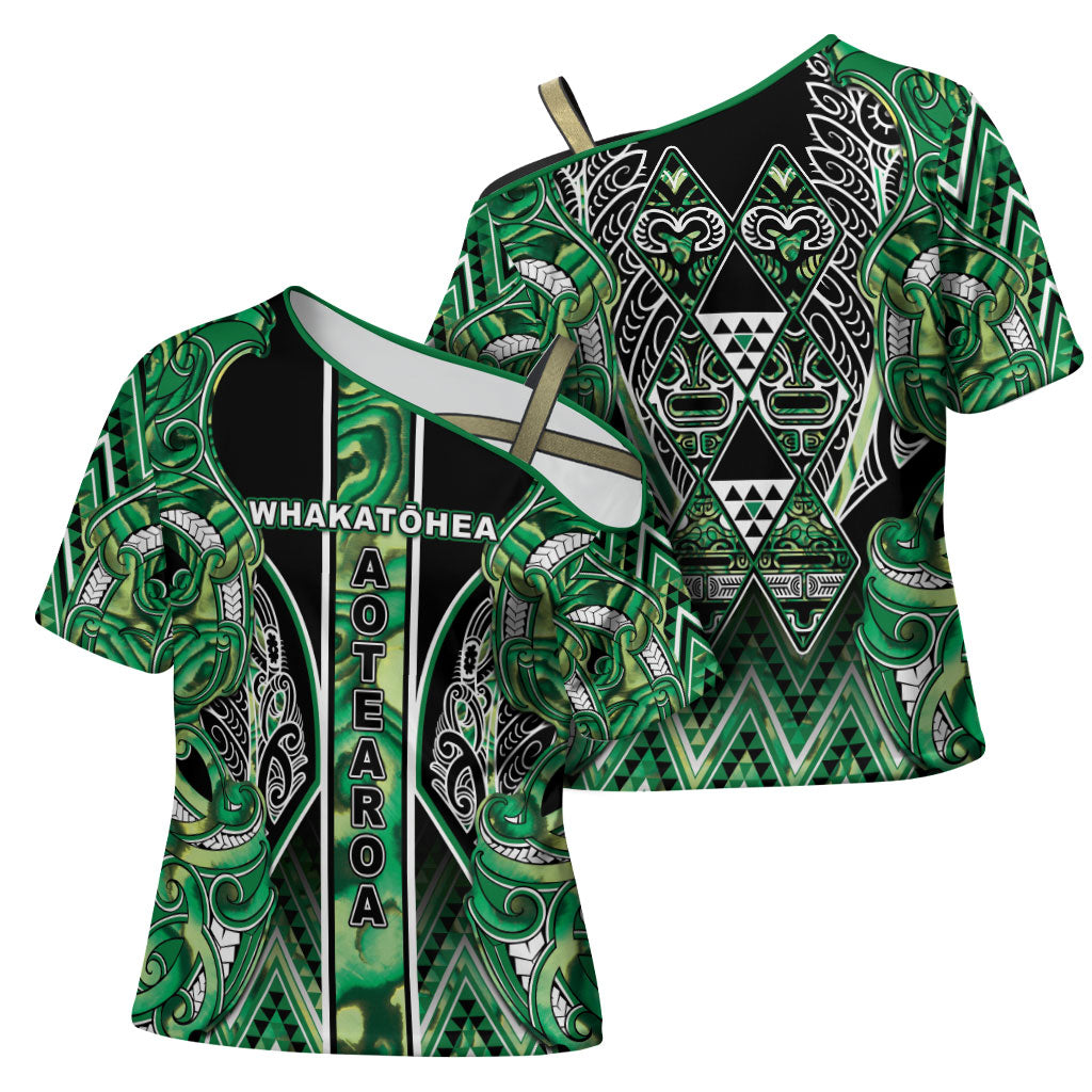 Aotearoa Whakatohea Cross Shoulder Shirt Maori Tribal Green Abalone Paua Shell Pattern