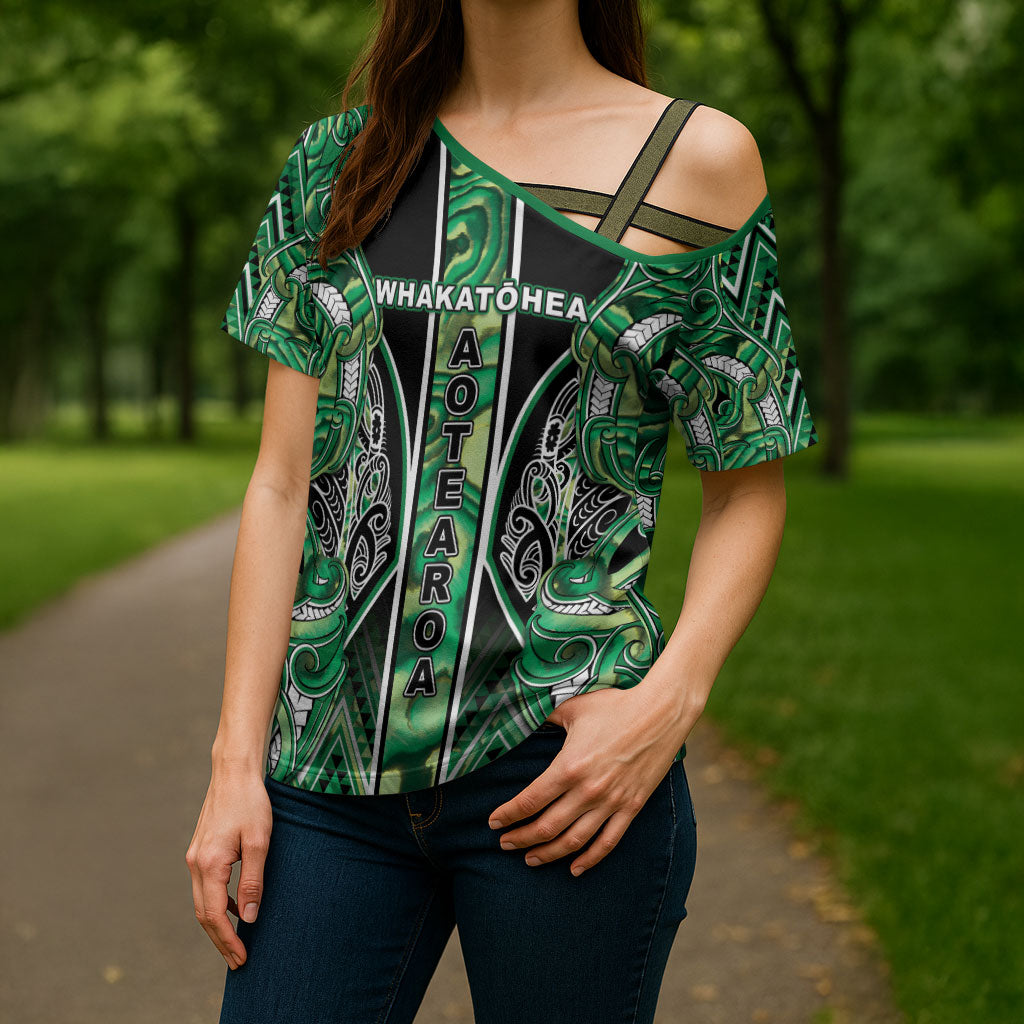 Aotearoa Whakatohea Cross Shoulder Shirt Maori Tribal Green Abalone Paua Shell Pattern