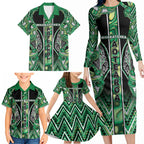 Aotearoa Whakatohea Family Matching Long Sleeve Bodycon Dress and Hawaiian Shirt Maori Tribal Green Abalone Paua Shell Pattern