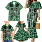 Aotearoa Whakatohea Family Matching Mermaid Dress and Hawaiian Shirt Maori Tribal Green Abalone Paua Shell Pattern