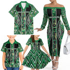 Aotearoa Whakatohea Family Matching Off The Shoulder Long Sleeve Dress and Hawaiian Shirt Maori Tribal Green Abalone Paua Shell Pattern