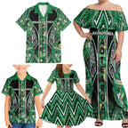Aotearoa Whakatohea Family Matching Off Shoulder Maxi Dress and Hawaiian Shirt Maori Tribal Green Abalone Paua Shell Pattern