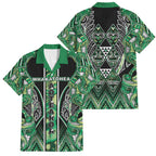 Aotearoa Whakatohea Family Matching Off Shoulder Maxi Dress and Hawaiian Shirt Maori Tribal Green Abalone Paua Shell Pattern