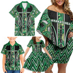 Aotearoa Whakatohea Family Matching Off Shoulder Short Dress and Hawaiian Shirt Maori Tribal Green Abalone Paua Shell Pattern