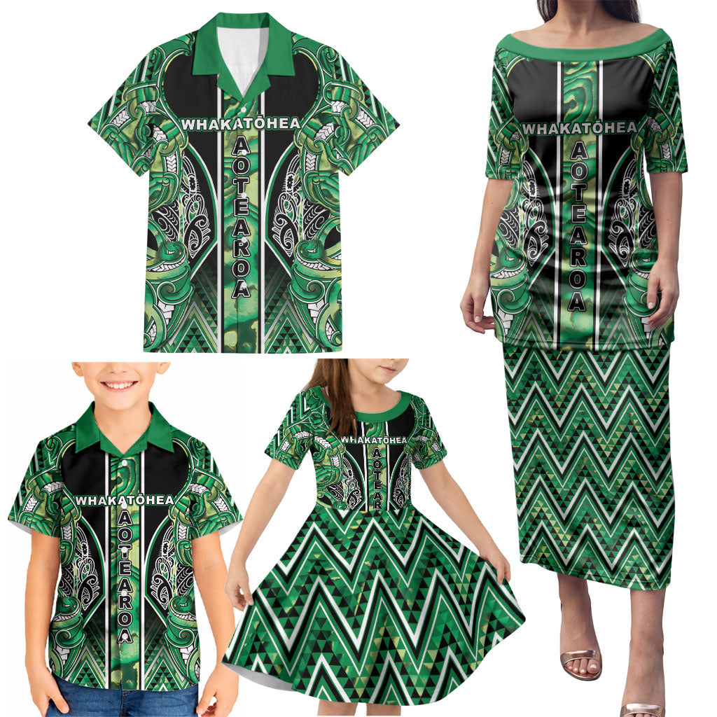 Aotearoa Whakatohea Family Matching Puletasi and Hawaiian Shirt Maori Tribal Green Abalone Paua Shell Pattern