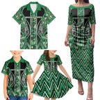 Aotearoa Whakatohea Family Matching Puletasi and Hawaiian Shirt Maori Tribal Green Abalone Paua Shell Pattern