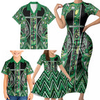 Aotearoa Whakatohea Family Matching Short Sleeve Bodycon Dress and Hawaiian Shirt Maori Tribal Green Abalone Paua Shell Pattern