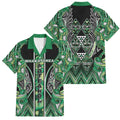Aotearoa Whakatohea Family Matching Short Sleeve Bodycon Dress and Hawaiian Shirt Maori Tribal Green Abalone Paua Shell Pattern