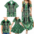 Aotearoa Whakatohea Family Matching Summer Maxi Dress and Hawaiian Shirt Maori Tribal Green Abalone Paua Shell Pattern