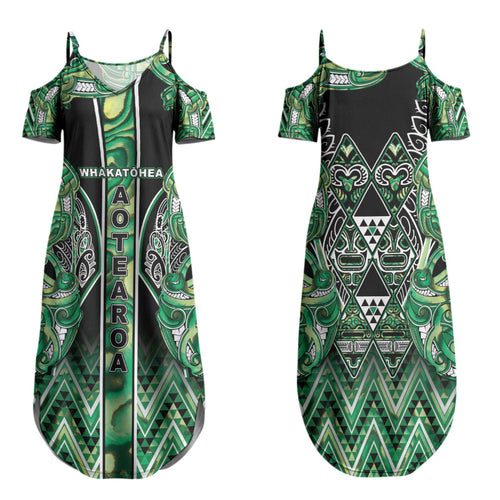Aotearoa Whakatohea Family Matching Summer Maxi Dress and Hawaiian Shirt Maori Tribal Green Abalone Paua Shell Pattern