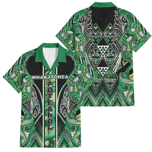 Aotearoa Whakatohea Family Matching Summer Maxi Dress and Hawaiian Shirt Maori Tribal Green Abalone Paua Shell Pattern