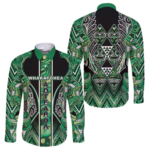 Aotearoa Whakatohea Family Matching Summer Maxi Dress and Hawaiian Shirt Maori Tribal Green Abalone Paua Shell Pattern