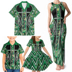 Aotearoa Whakatohea Family Matching Tank Maxi Dress and Hawaiian Shirt Maori Tribal Green Abalone Paua Shell Pattern