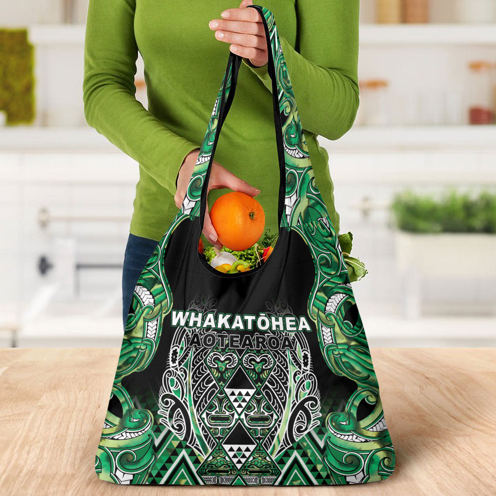 Aotearoa Whakatohea Grocery Bag Maori Tribal Green Abalone Paua Shell Pattern
