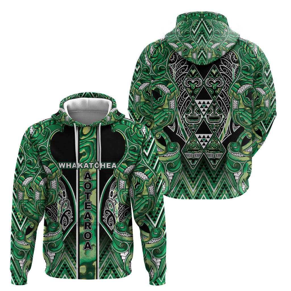 Aotearoa Whakatohea Hoodie Maori Tribal Green Abalone Paua Shell Pattern
