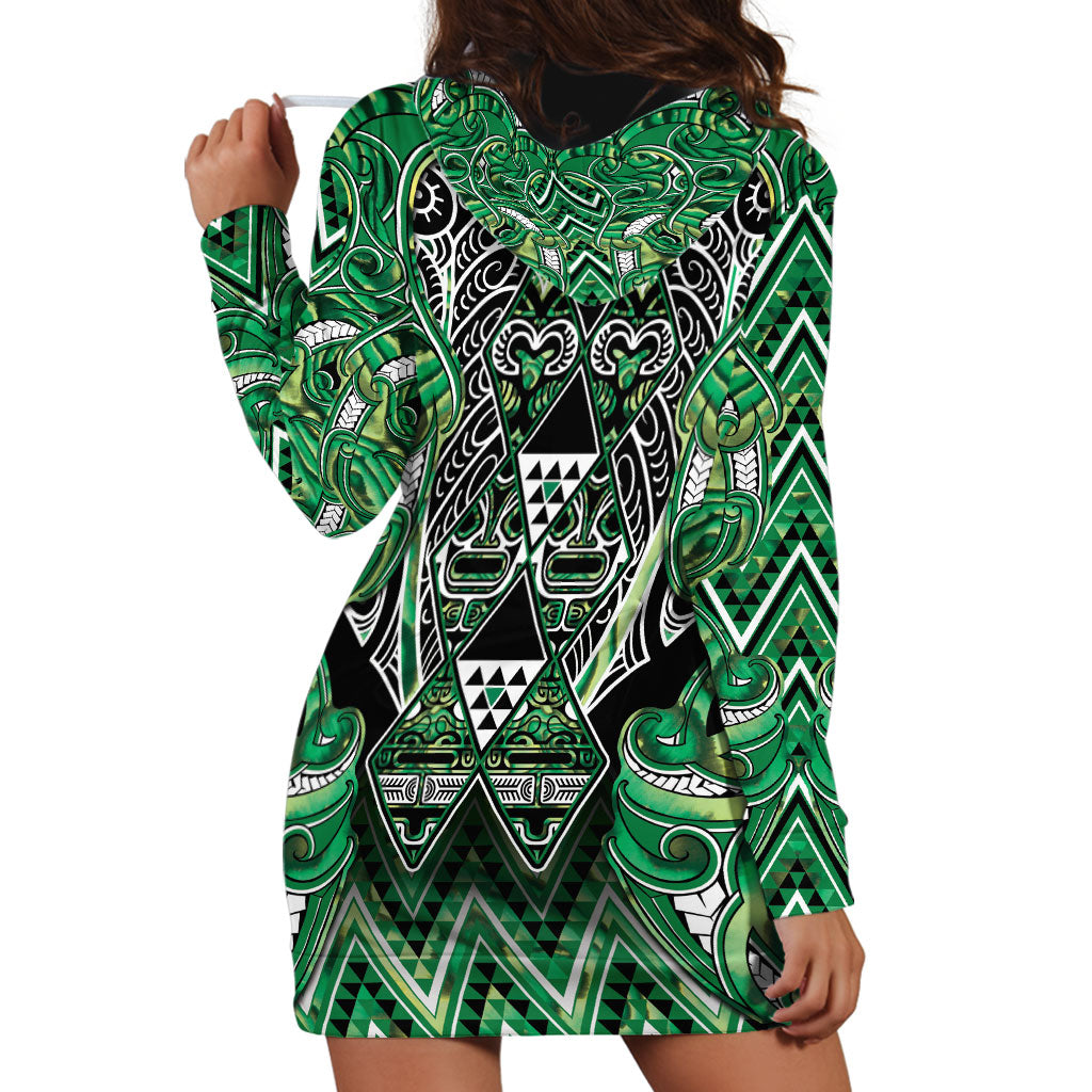 Aotearoa Whakatohea Hoodie Dress Maori Tribal Green Abalone Paua Shell Pattern