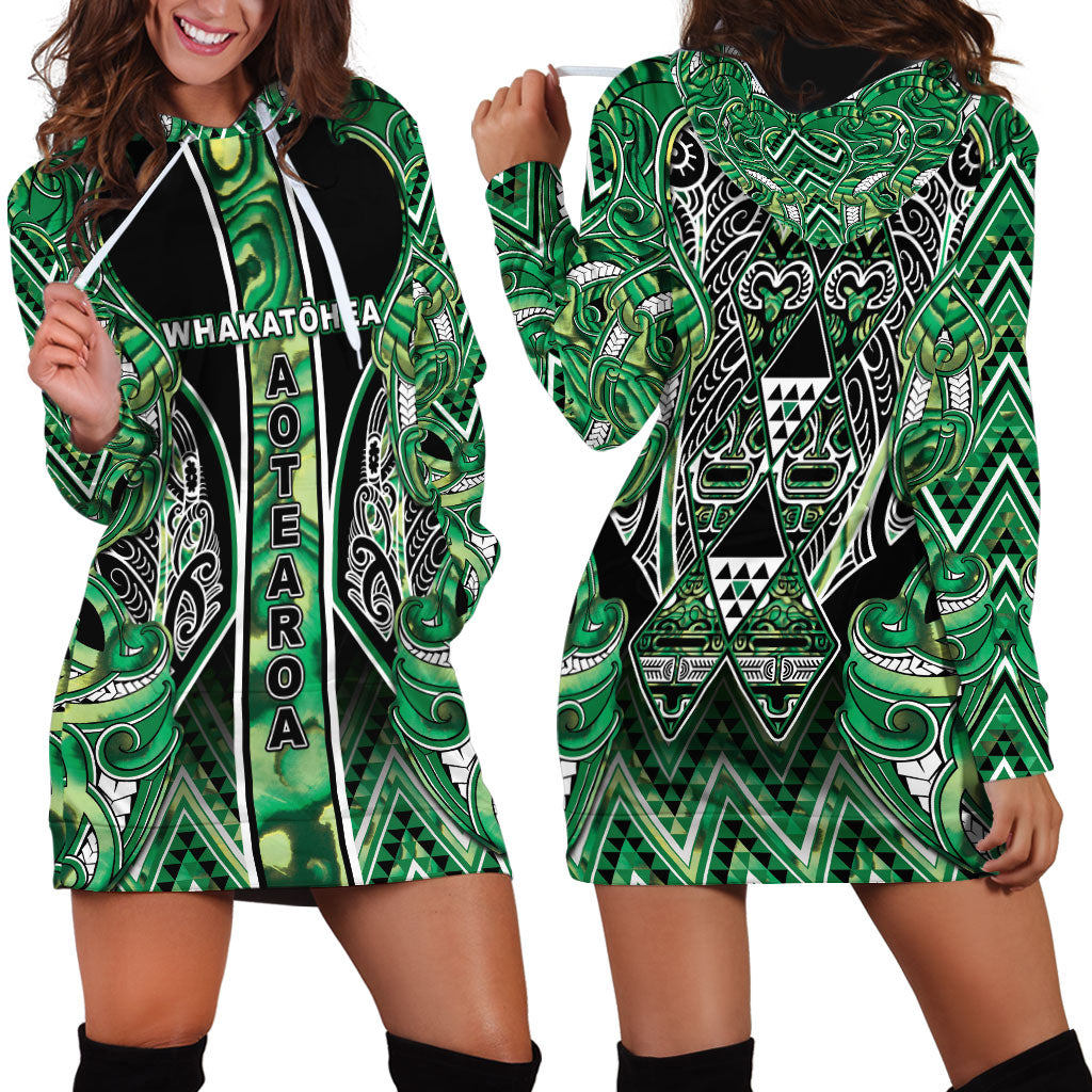 Aotearoa Whakatohea Hoodie Dress Maori Tribal Green Abalone Paua Shell Pattern