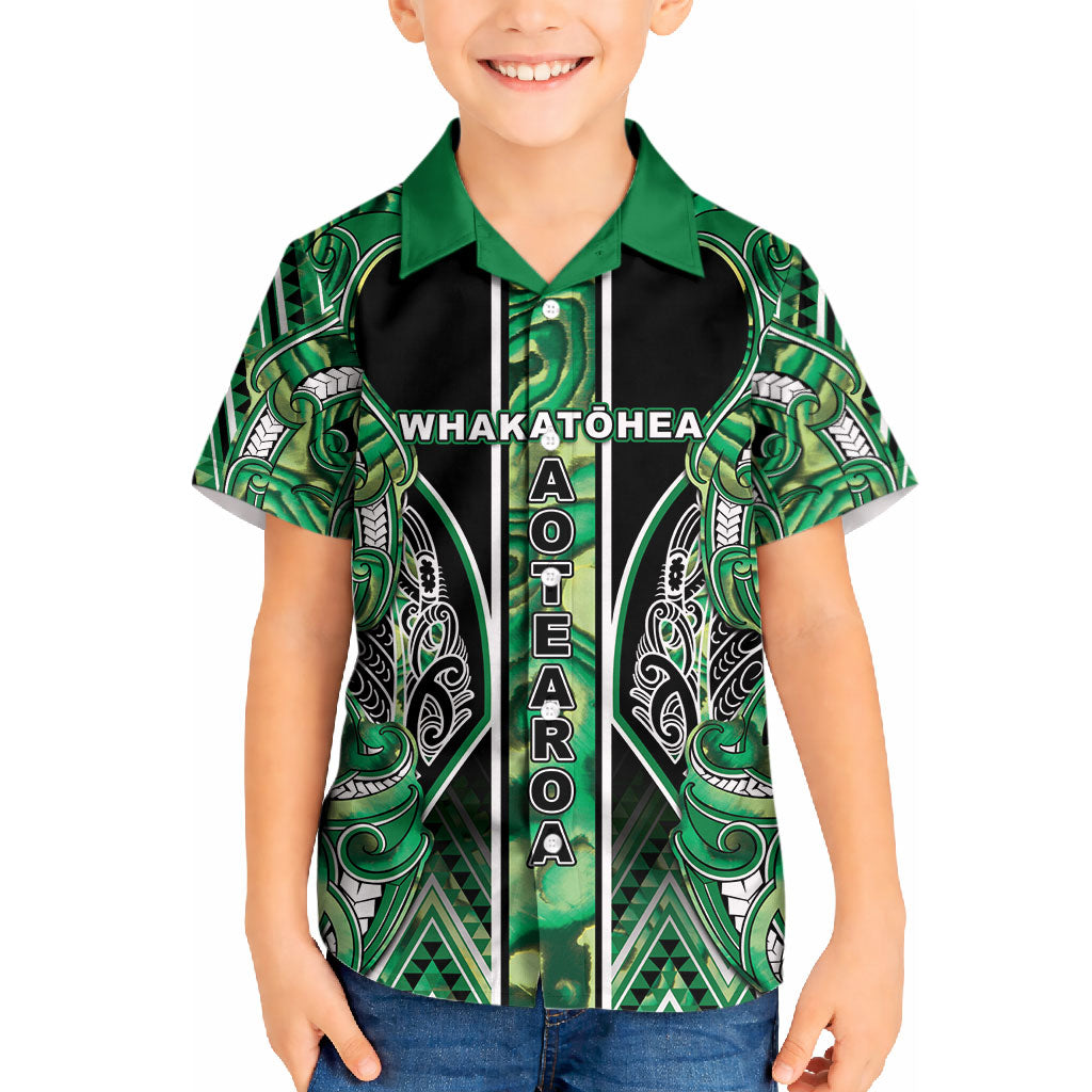 Aotearoa Whakatohea Kid Hawaiian Shirt Maori Tribal Green Abalone Paua Shell Pattern