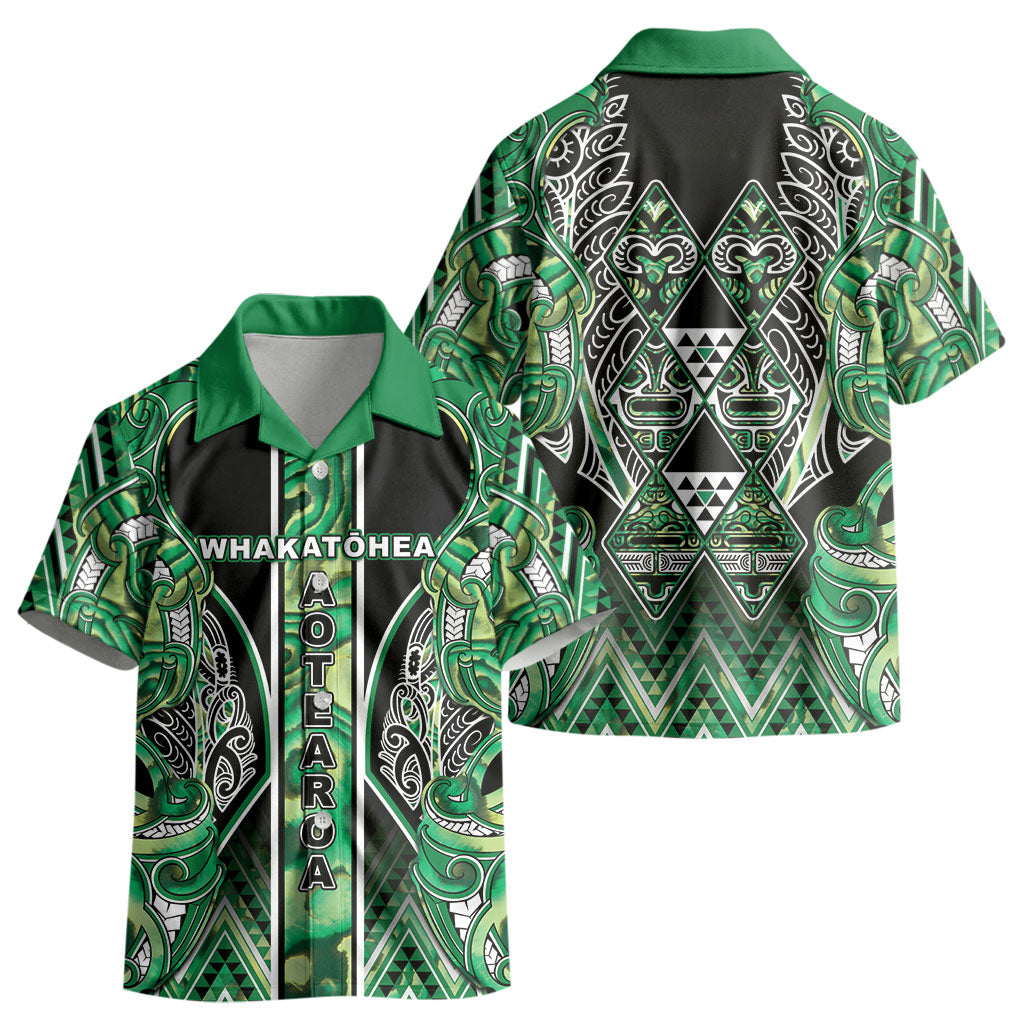 Aotearoa Whakatohea Kid Hawaiian Shirt Maori Tribal Green Abalone Paua Shell Pattern