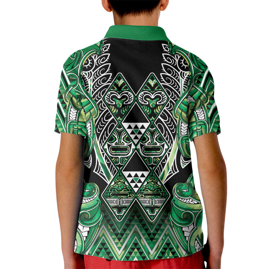 Aotearoa Whakatohea Kid Polo Shirt Maori Tribal Green Abalone Paua Shell Pattern