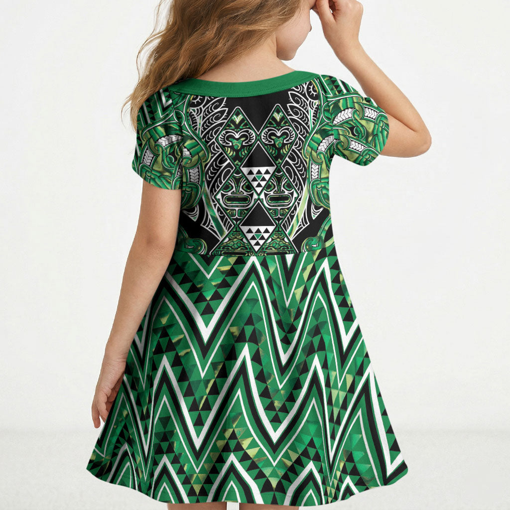 Aotearoa Whakatohea Kid Short Sleeve Dress Maori Tribal Green Abalone Paua Shell Pattern